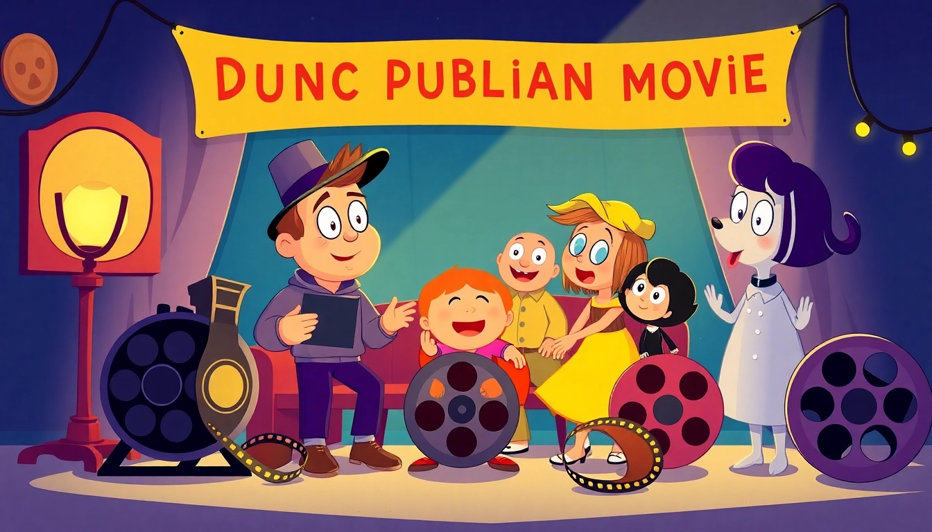 Explore classic public domain movies for kids with colorful film characters in a whimsical setting.