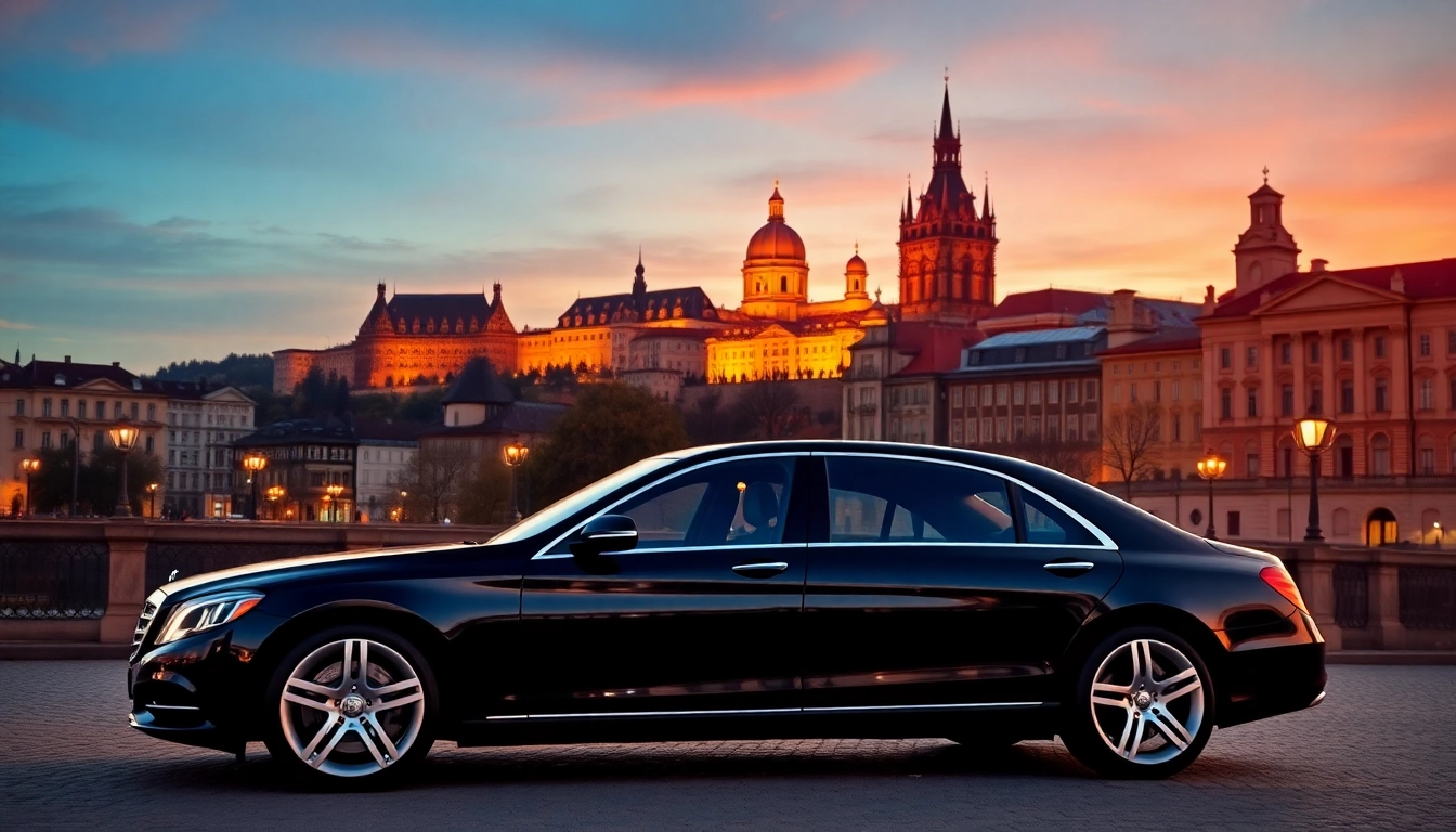 Experience luxury private car service Prague with a premium vehicle against a stunning sunset backdrop.