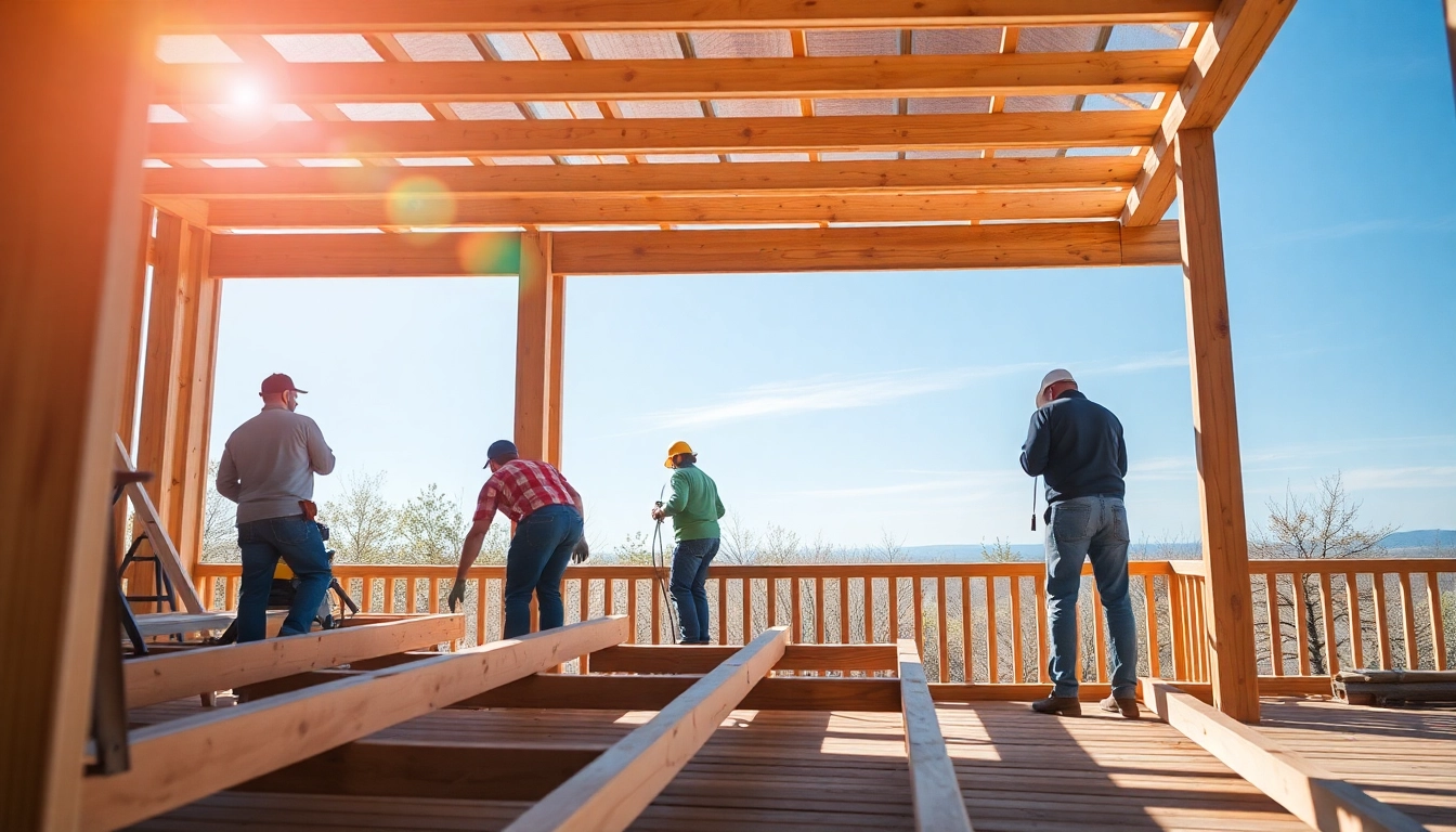 Engaging view of deck construction showcasing workers aligning wooden frames effectively.