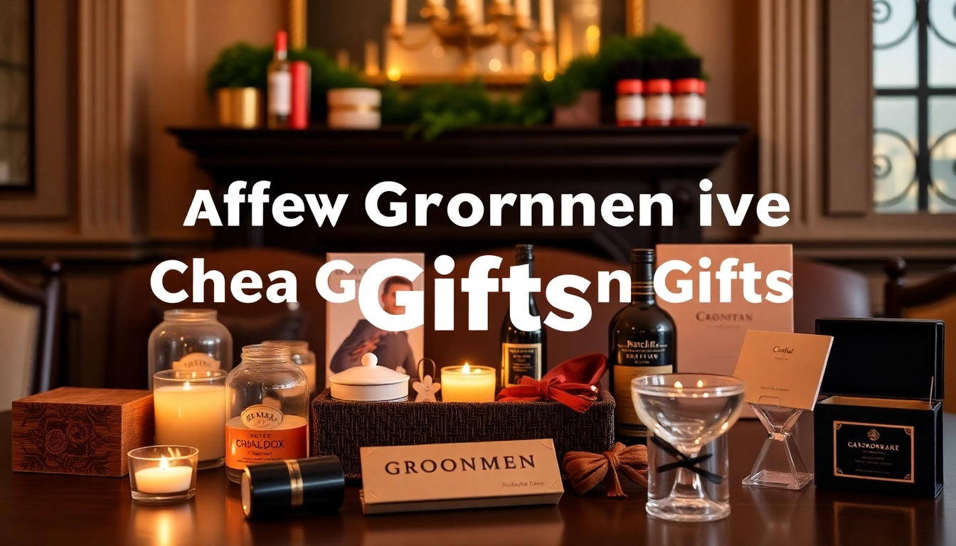 Showcase of cheap groomsmen gifts featuring personalized flasks and unique keychains.