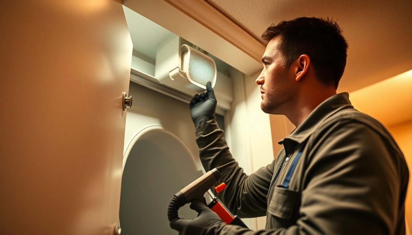 Technician performing dryer vent cleaning salt lake city to ensure safety and efficiency in a modern home.