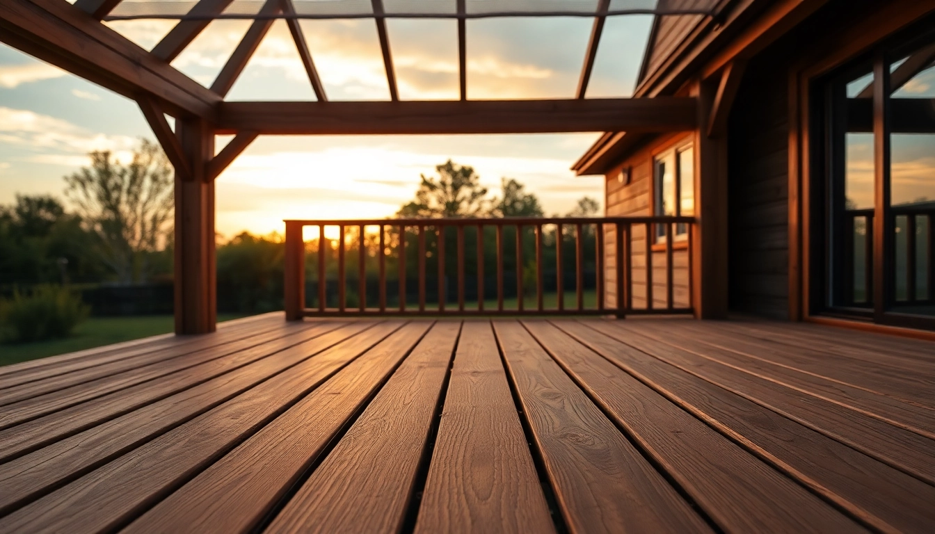 Showcasing deck construction with intricate framing and premium wood materials against a serene sunset.