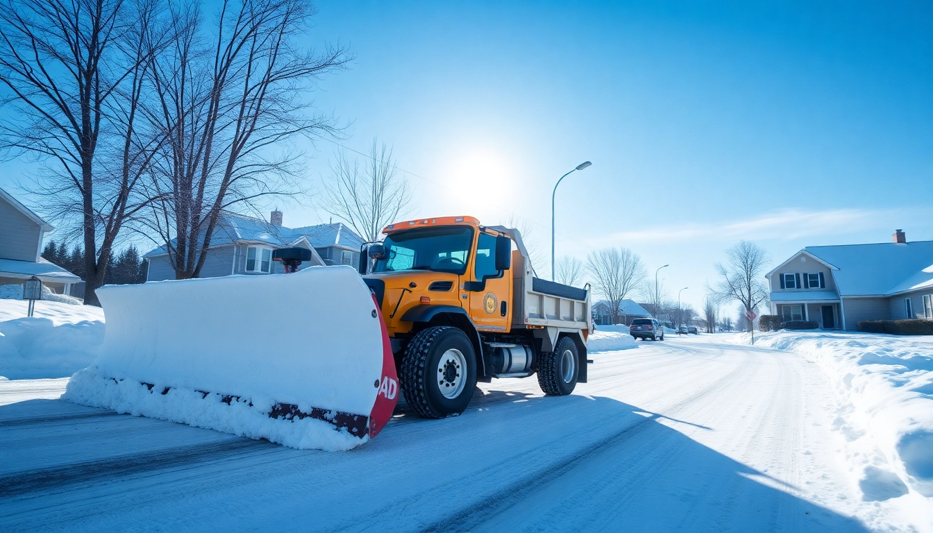 Snow plowing in action, clearing a residential street, bright winter daylight, snowbanks visible.