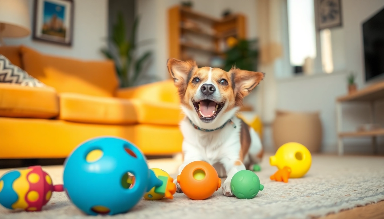 Dog enjoying a variety of pet toys in a cheerful setting, showcasing their playful nature.