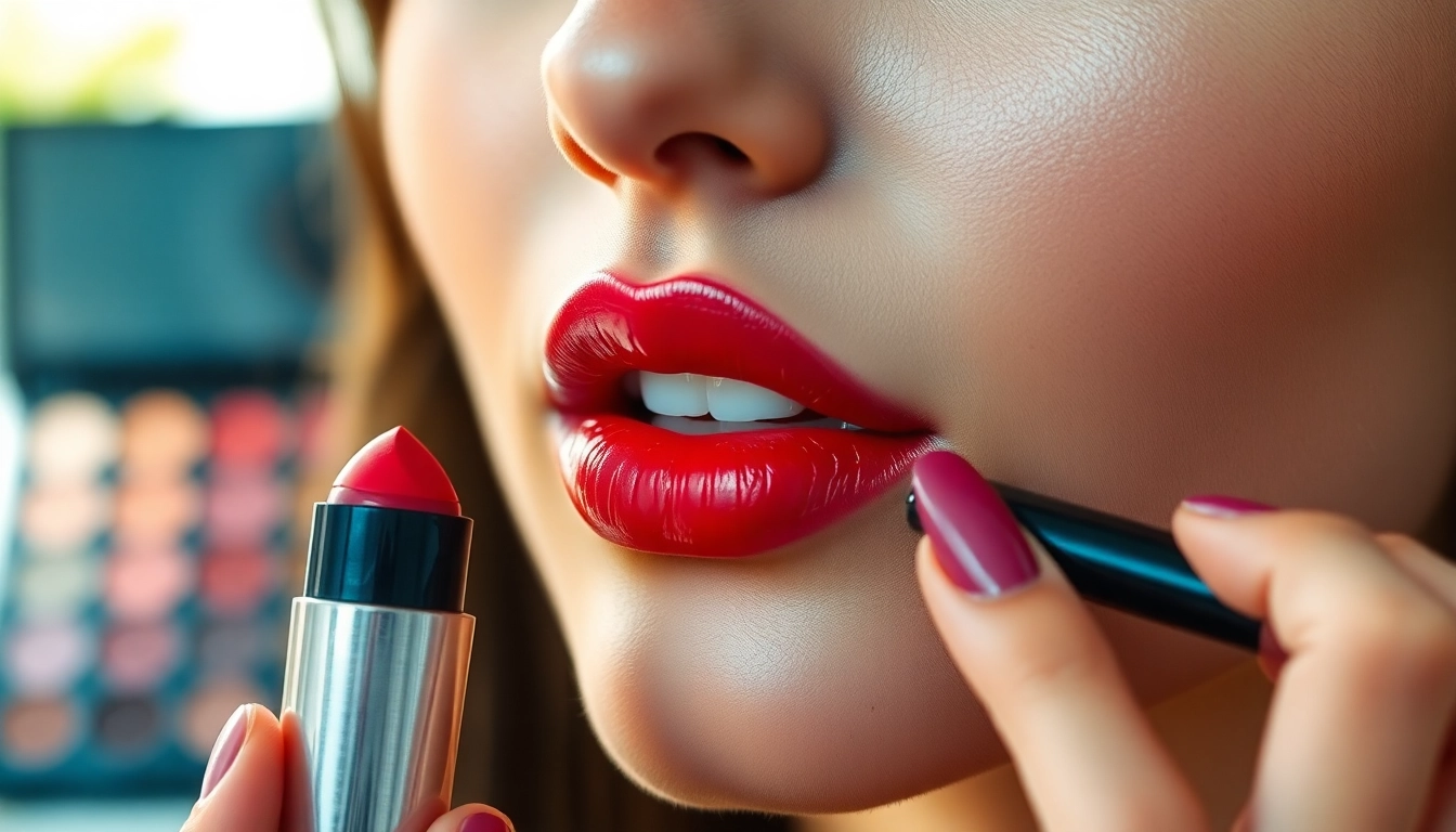 Apply a shiny lipstick color 'Here' for a glamorous makeup look showcasing smooth textures and vibrant hues.