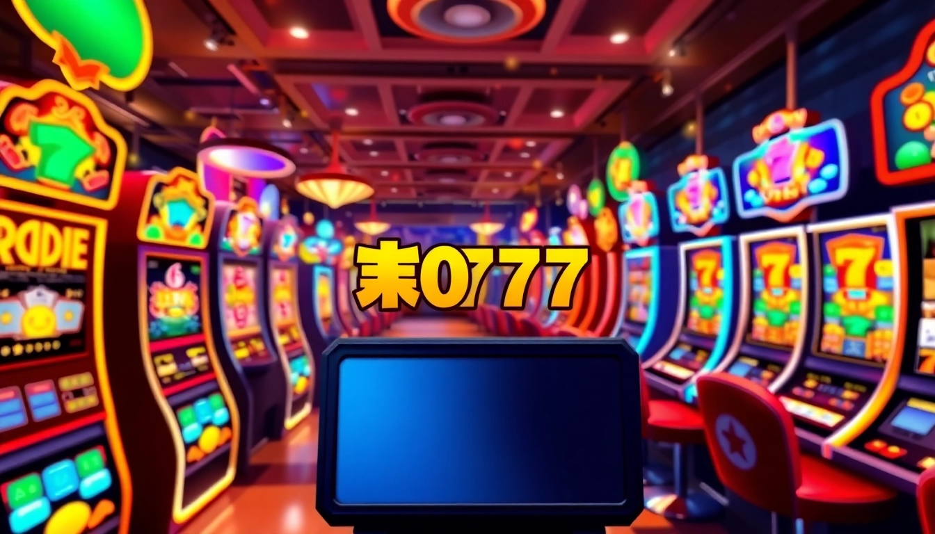 Engage with สล็อต777 in an exciting online casino environment filled with vibrant slot machines and colorful lights.