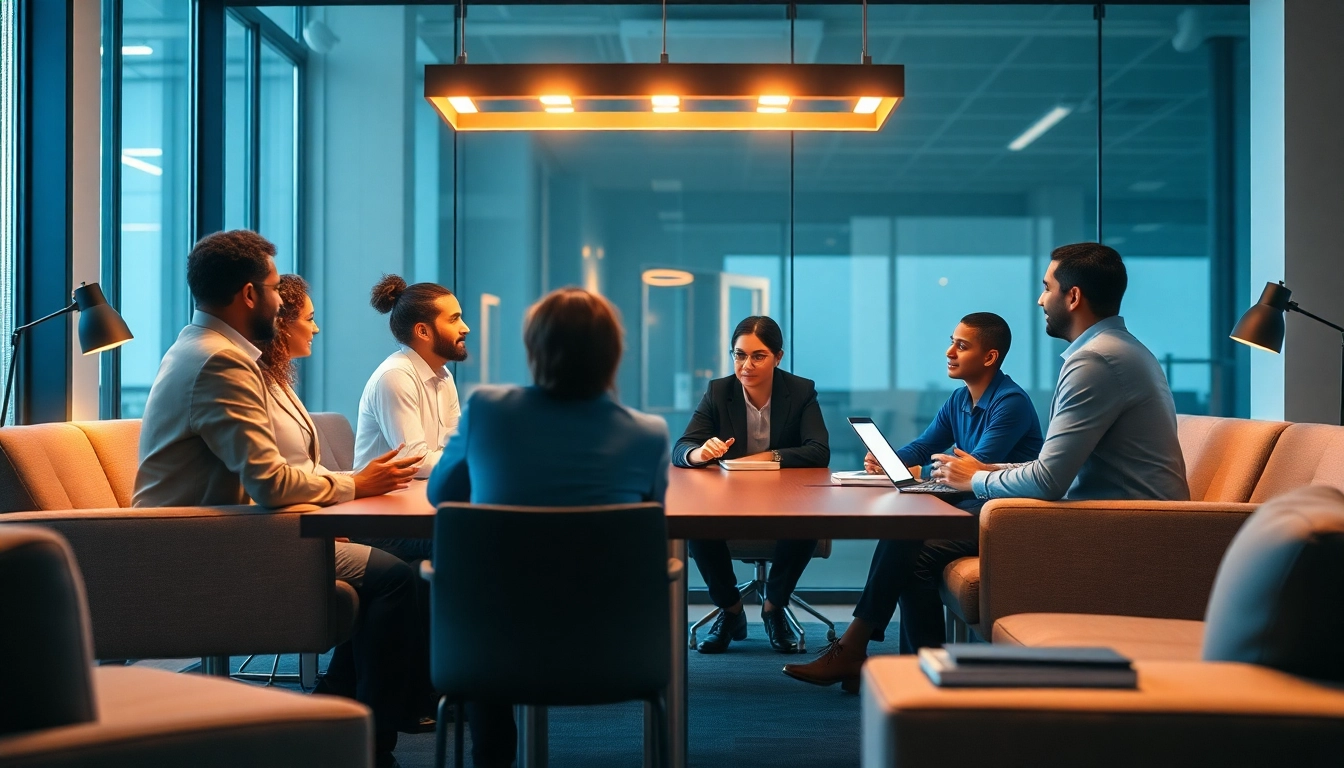 Professionals collaborating on outsourcing strategies in a modern office.