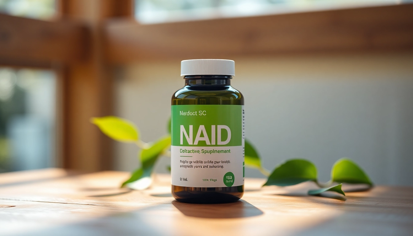 Boost energy and rejuvenation with this vibrant NAD supplement bottle on a wooden surface.