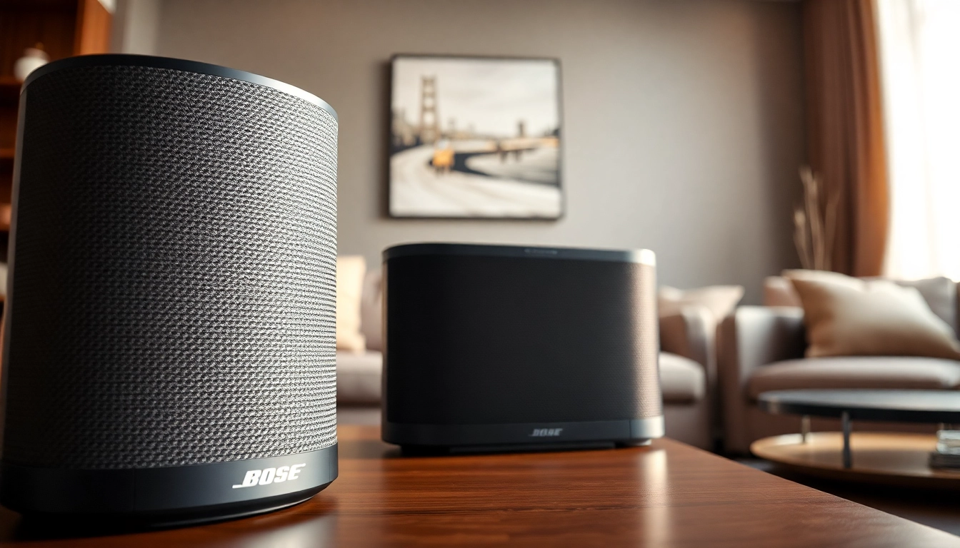 Experience the rich sound from Bose Wireless Speakers elegantly displayed in a contemporary living room.