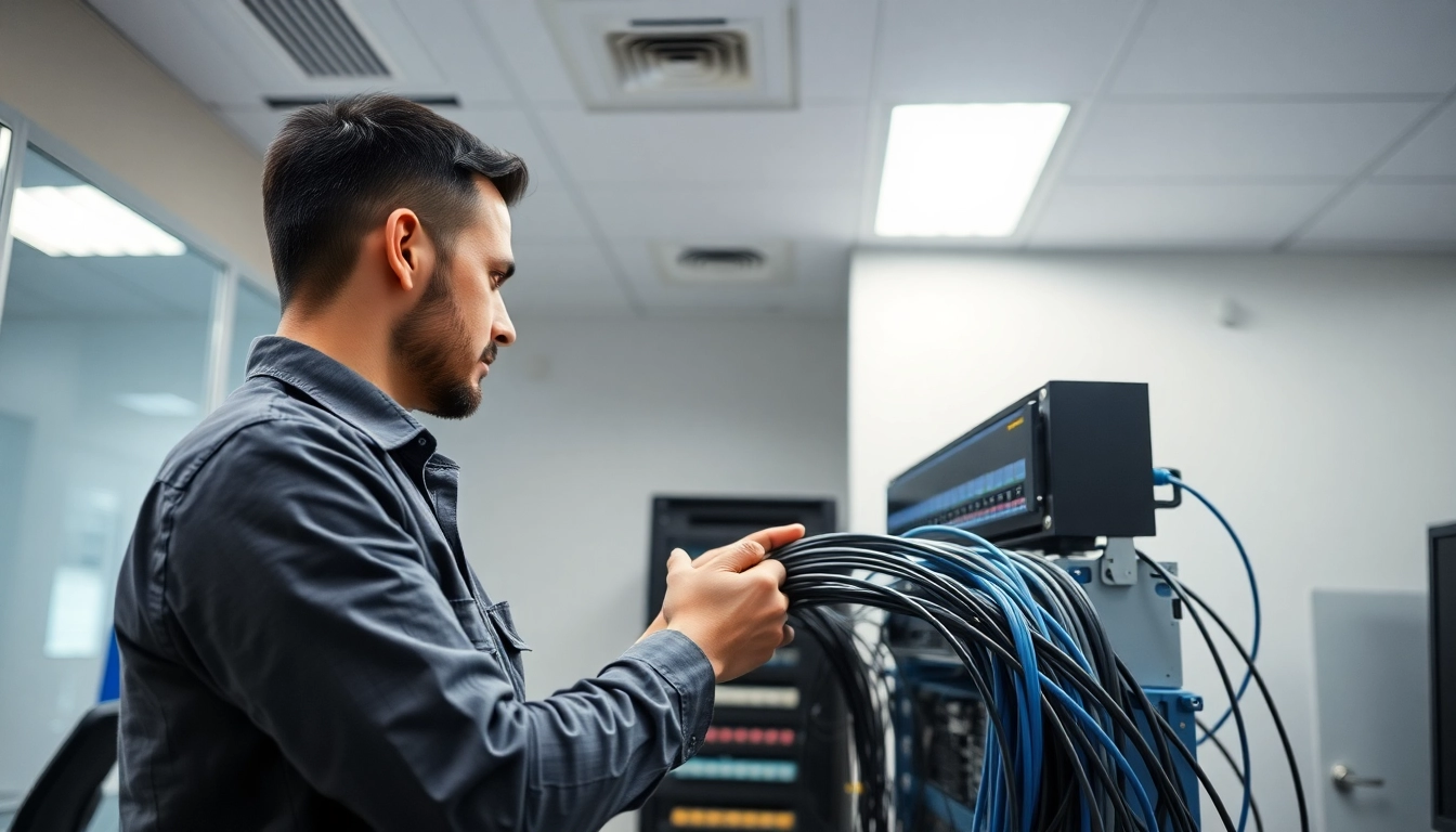 Professional performing a Data Cable Installation service in a modern office setting.