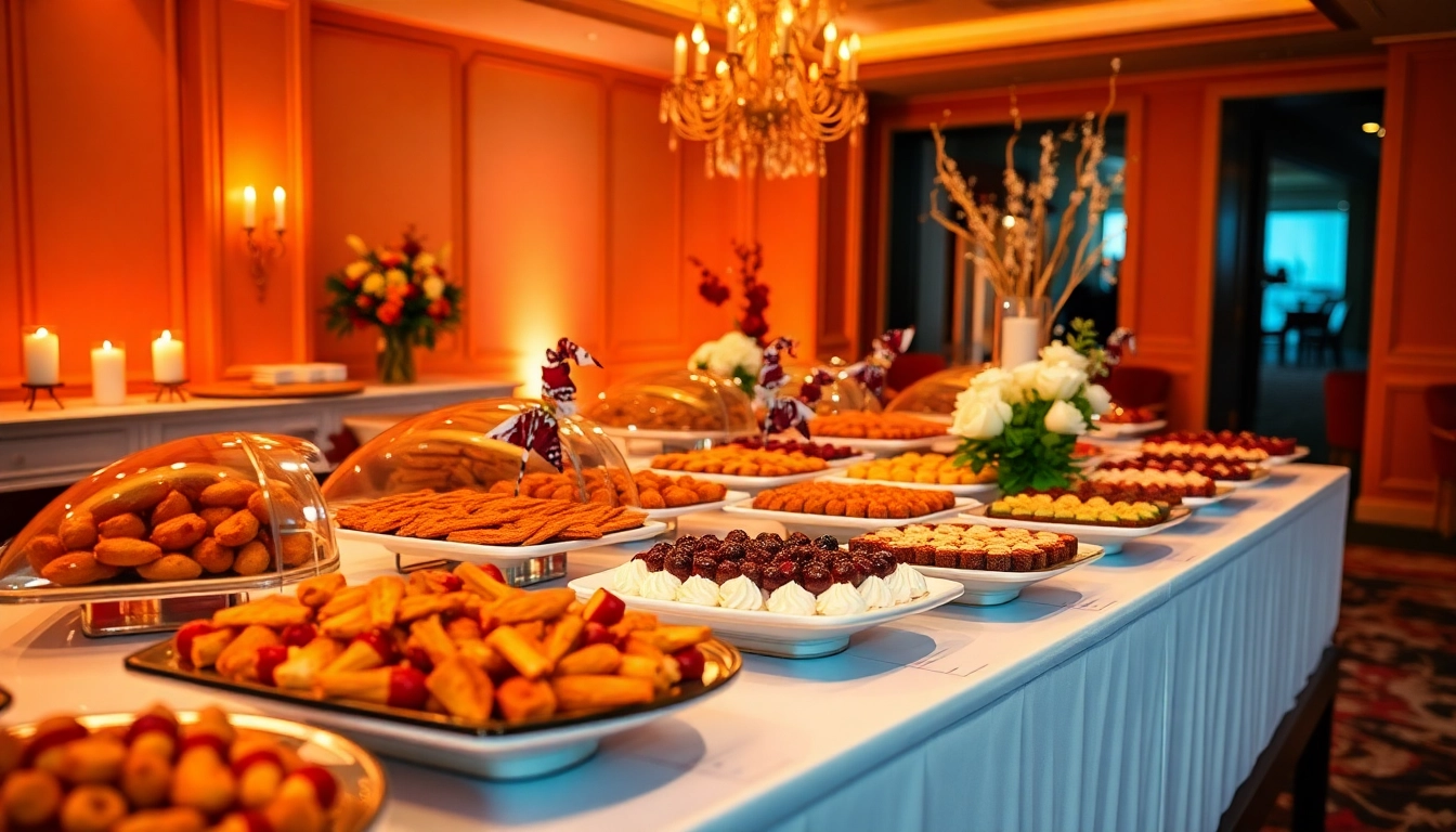 Experience a beautifully arranged Partyservice Berlin catering setup with elegant dishes and ambient lighting.