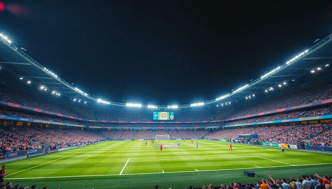 Dynamic scene of ราคาบอล analysis in a packed stadium showcasing football excitement and fan engagement.