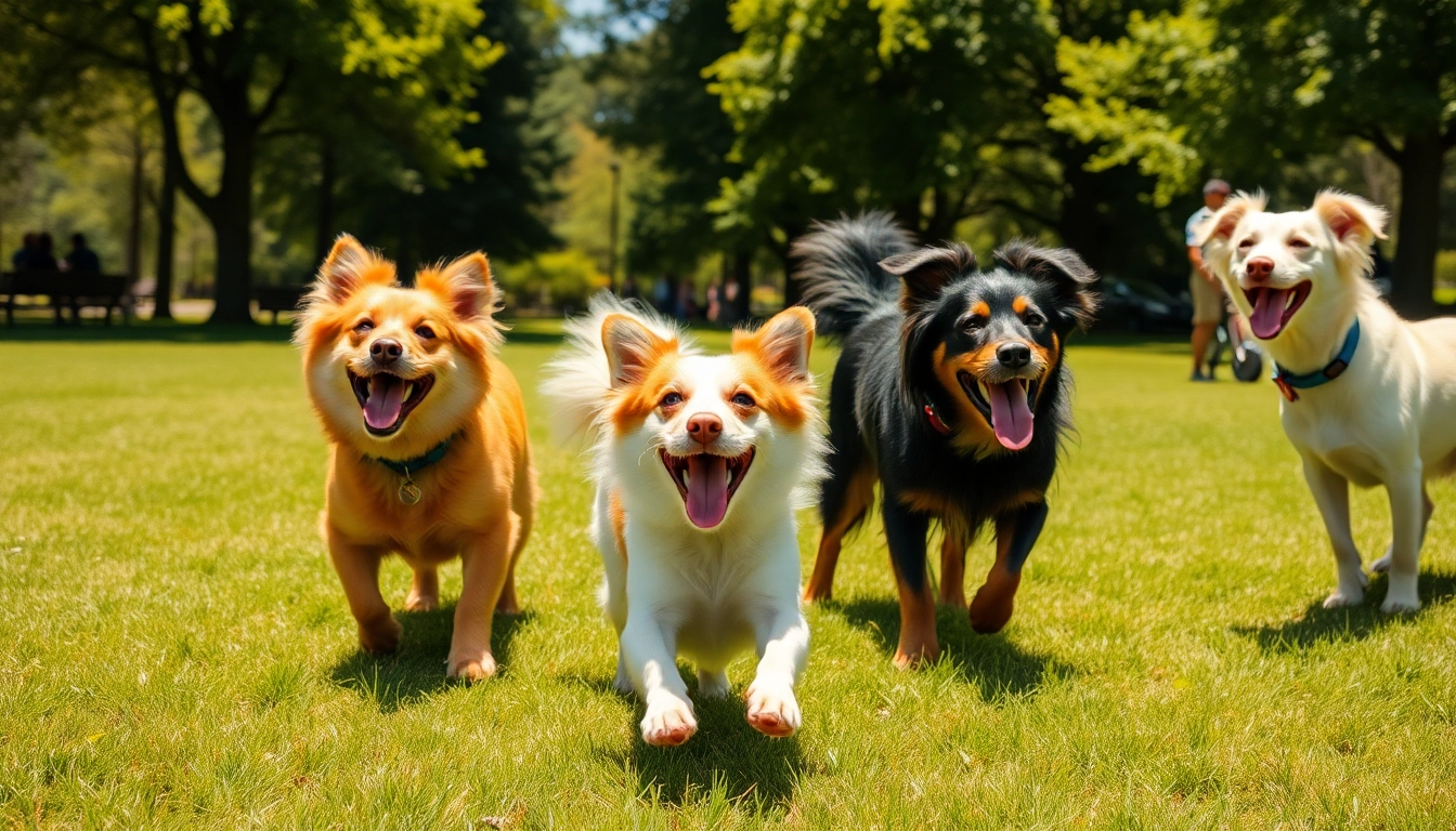 Engaging playful scene at Kate's K9 Pet Care with happy dogs enjoying the park's vibrant atmosphere.