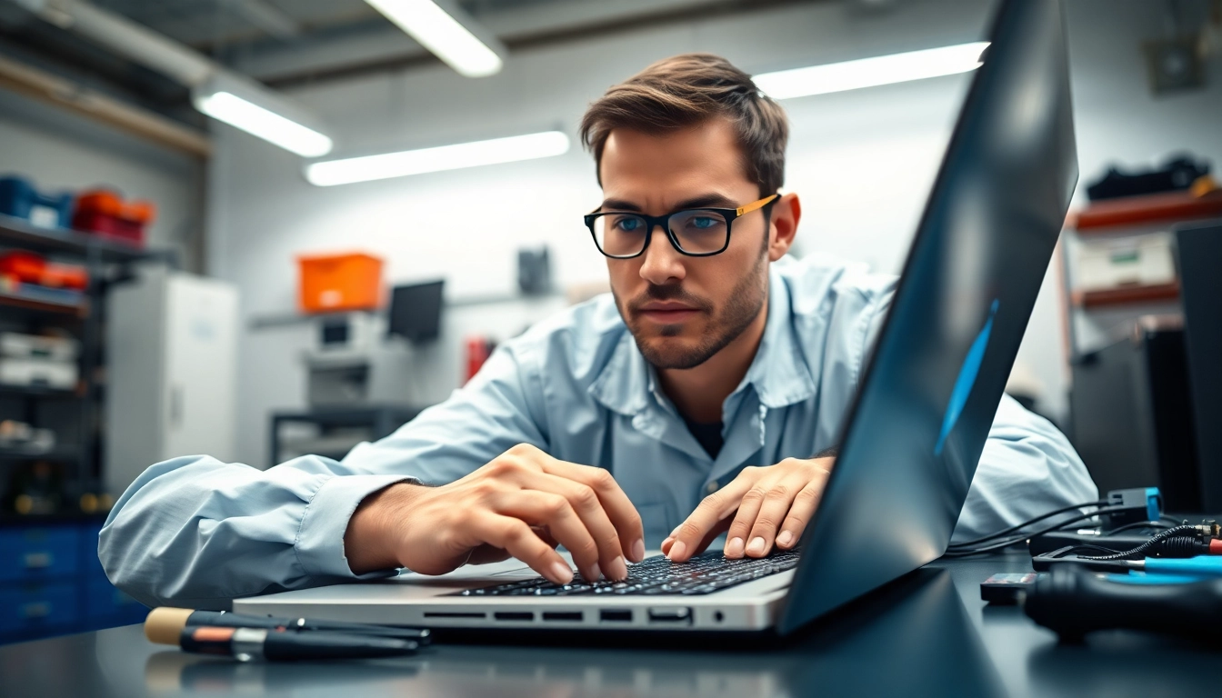 Riparazione computer settimo torinese con un tecnico esperto che ripara un laptop nella sua officina professionale.
