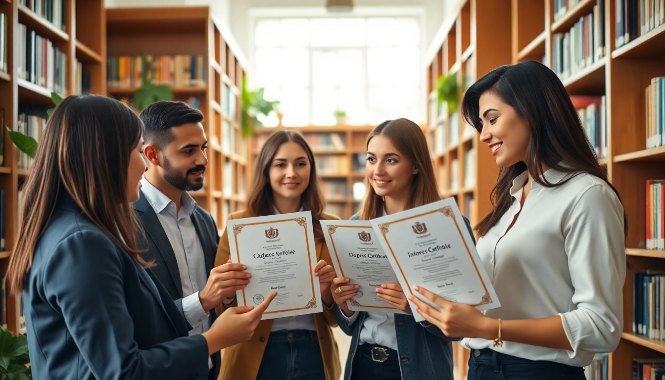 Students celebrate their original UK degree certificates in a university library.