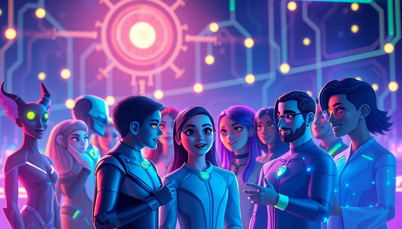 Engage with character ai 18 in a vibrant, futuristic chat interface with diverse animated characters.