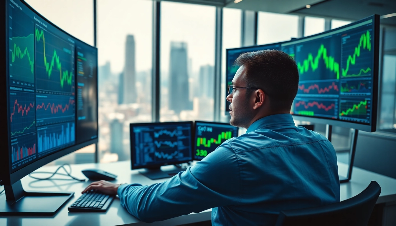 Analyzing trade futures data with multiple screens in a modern trading office.