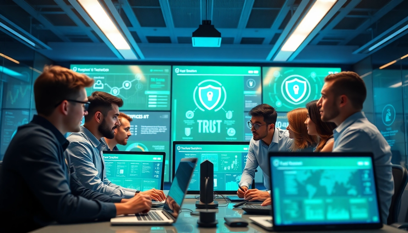 Cybersecurity certifications displayed in a professional IT security workspace with analysts collaborating.