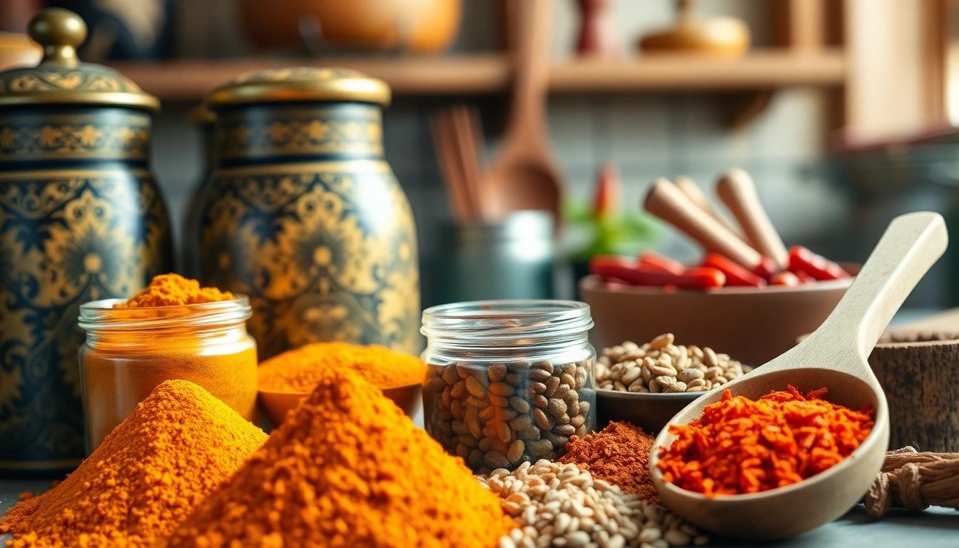 Utiliser des épices orientales dans une cuisine rustique, illustrant leurs couleurs vives.