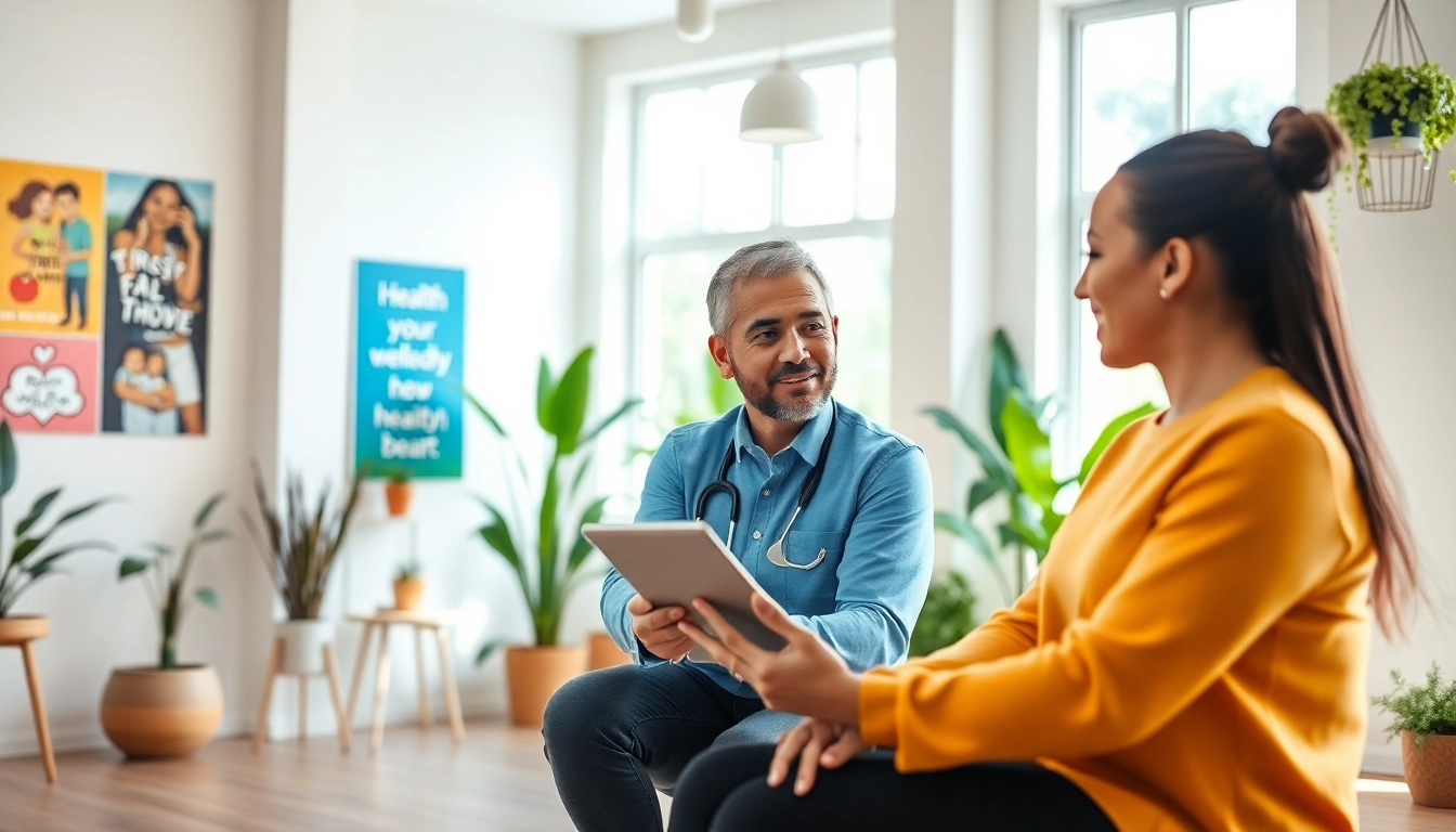 Health coach certification discussion between a professional and client in a wellness studio.
