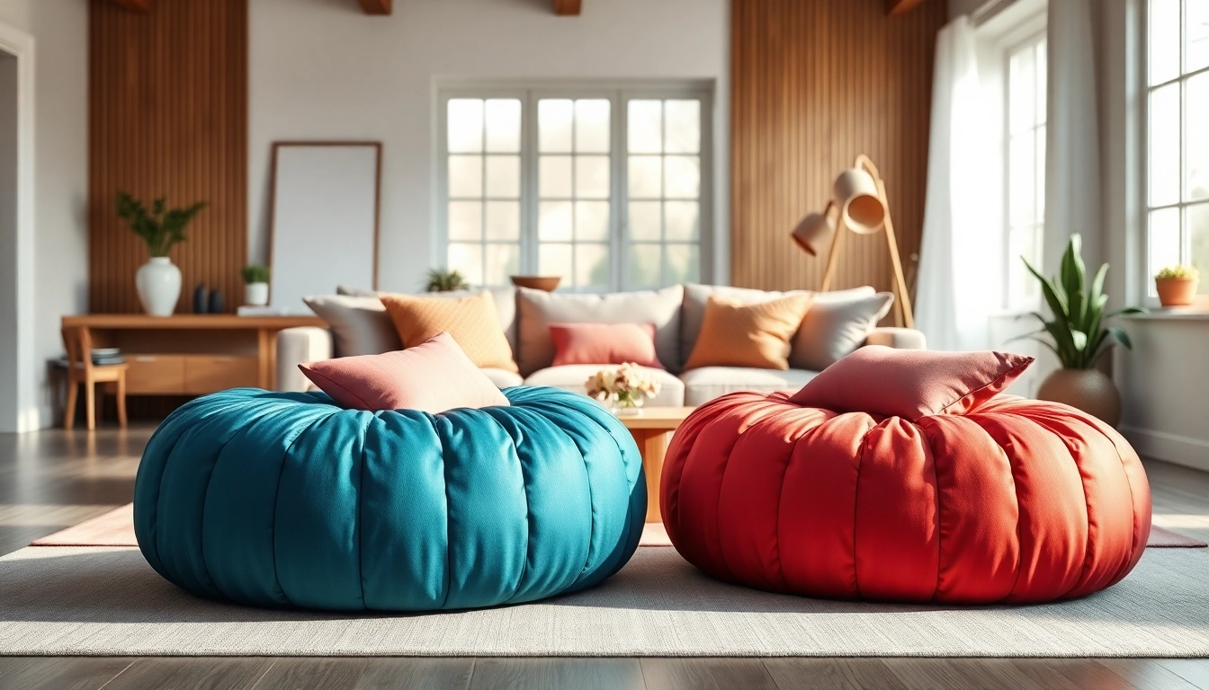 Cactus silk Poufs in a cozy living room, adding vibrant color and comfort.