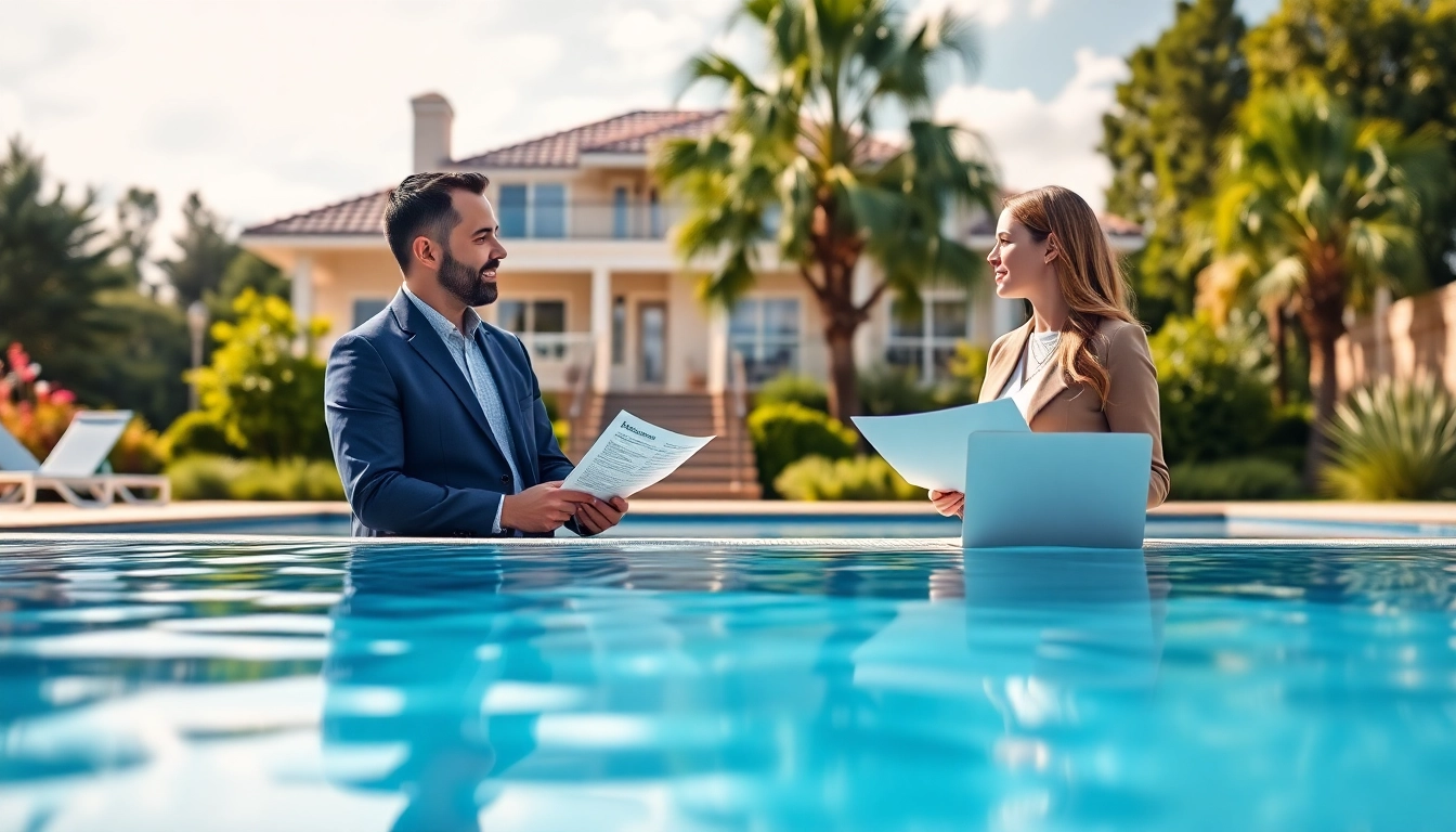 Explore swimming pool financing options with a couple discussing in a bright outdoor setting.