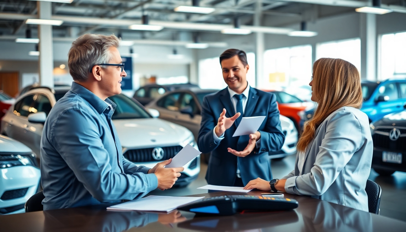 Customer engaging in a Part Exchange deal at a car dealership with cars visible.