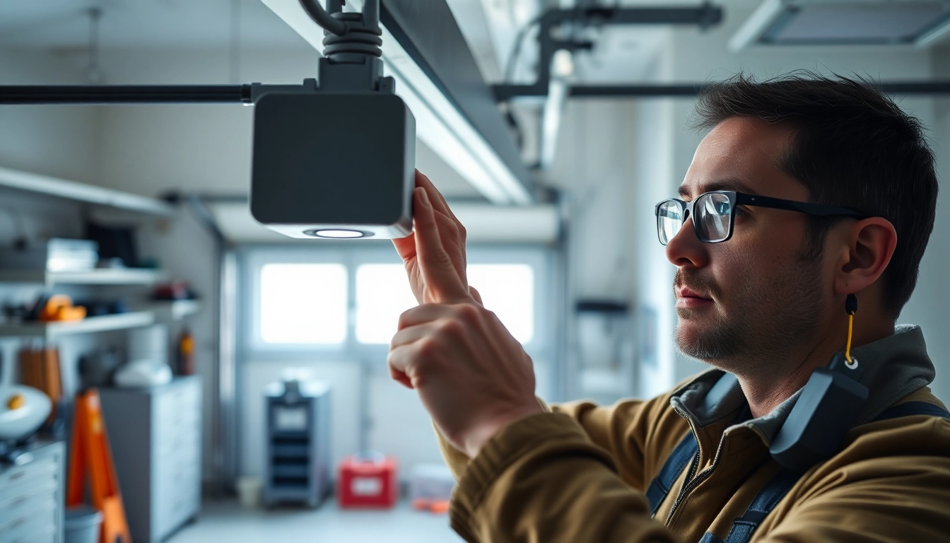 Aligning garage door sensors in a professional setting, demonstrating precise installation techniques.