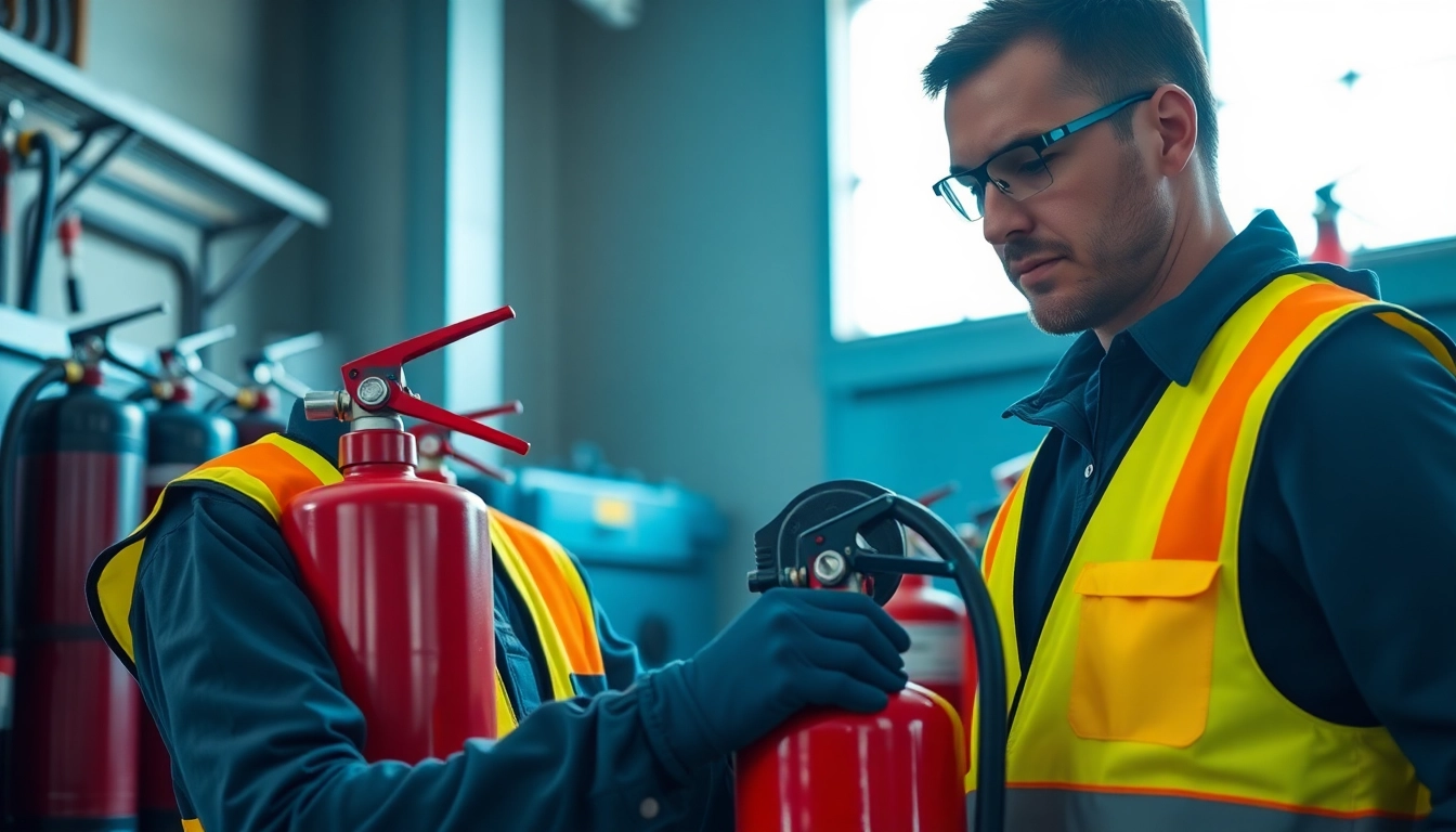 Technician performing fire extinguisher servicing Cannock, ensuring safety and compliance.