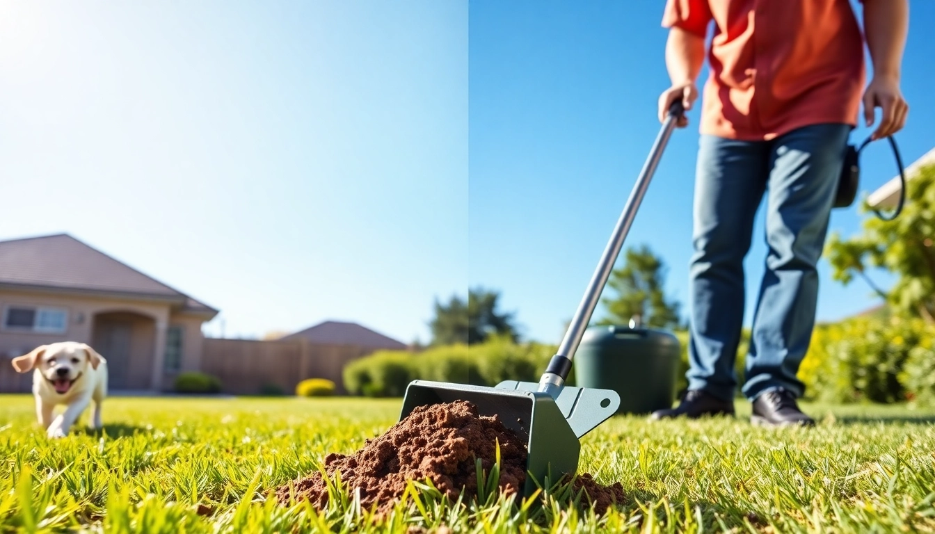 Dog poop cleaning service in action, highlighting waste removal in a clean backyard.