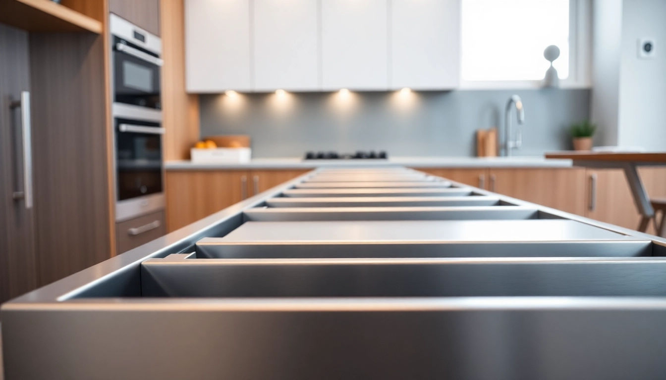 A close-up view of a Metal Drawer System in a modern kitchen, showcasing its sleek design and functionality.
