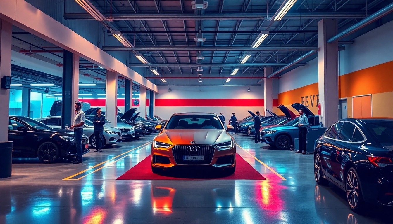Car service Atlanta: Professional technicians performing maintenance on various cars in a bright and organized workshop.