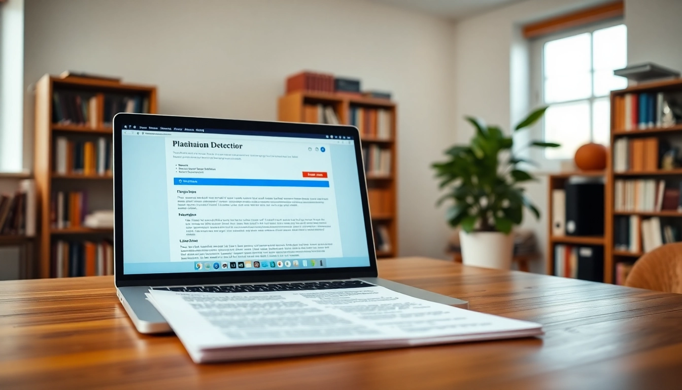 Showcasing a plagiarism detector tool in action on a laptop, enhancing writing integrity.