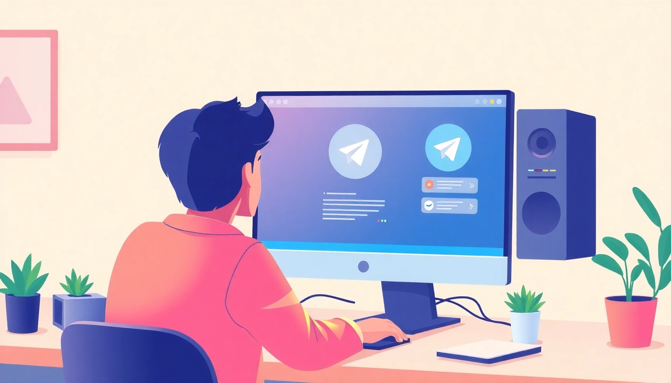 Explore features of telegram电脑版中文 on a sleek computer interface, showcasing user engagement.