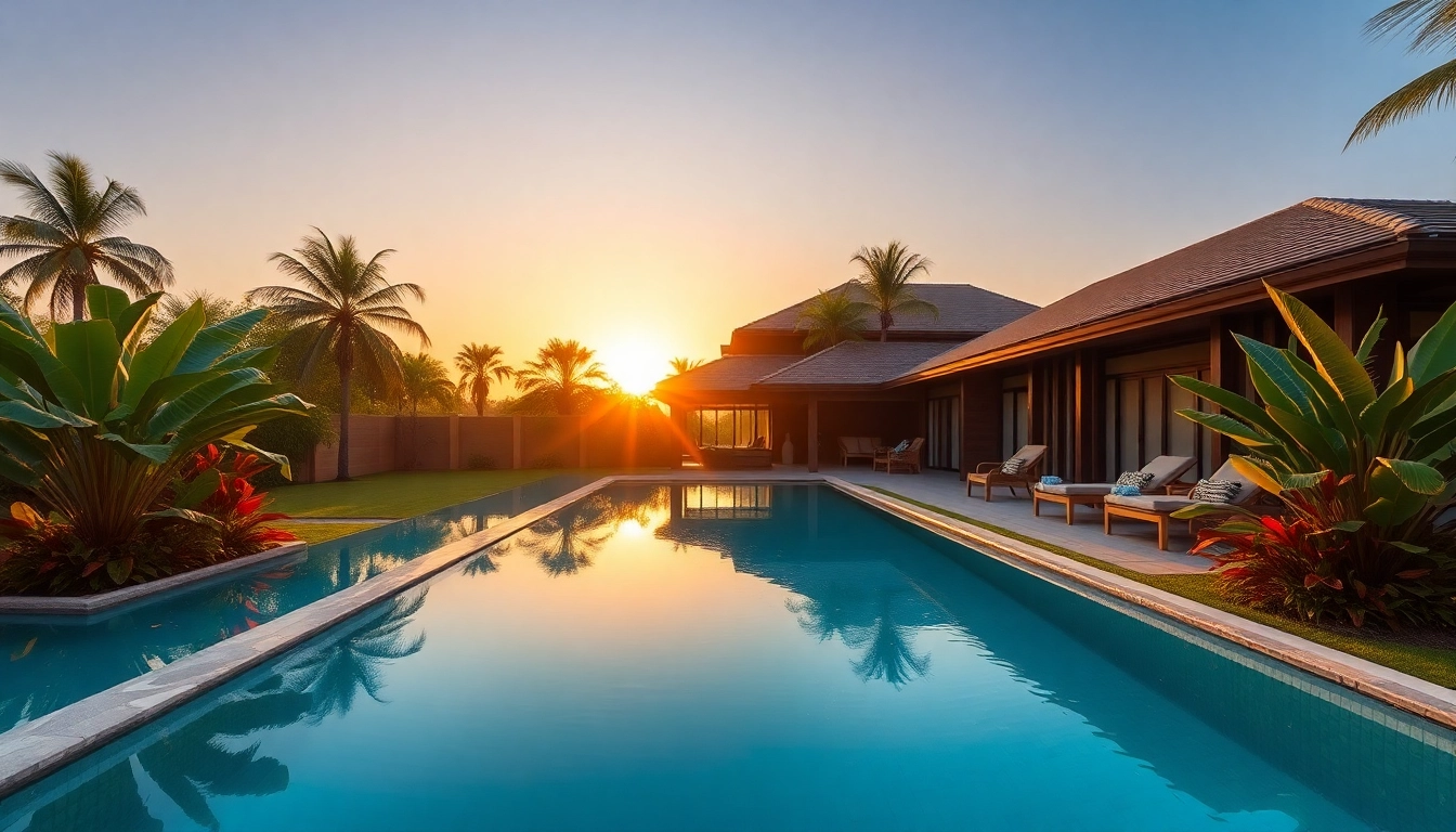 Phuket real estate agents showcasing an exquisite luxury villa with a beautiful pool and sunset backdrop.
