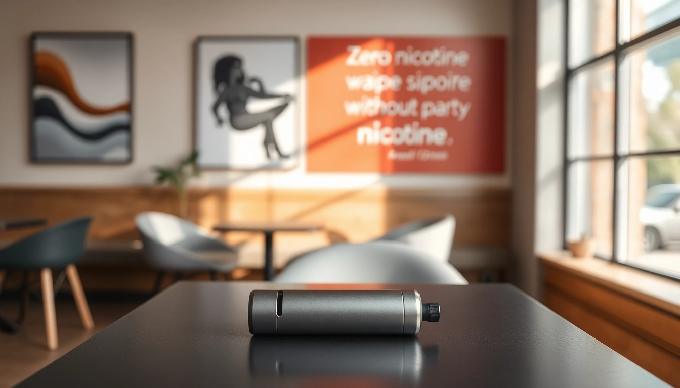 Showcase a zero nicotine disposable vape in a relaxed café setting, highlighting its sleek design and appeal.