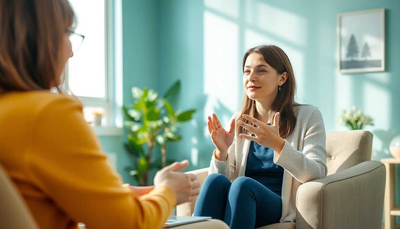Engaging scene depicting a therapist and client managing stress effectively in a serene setting.