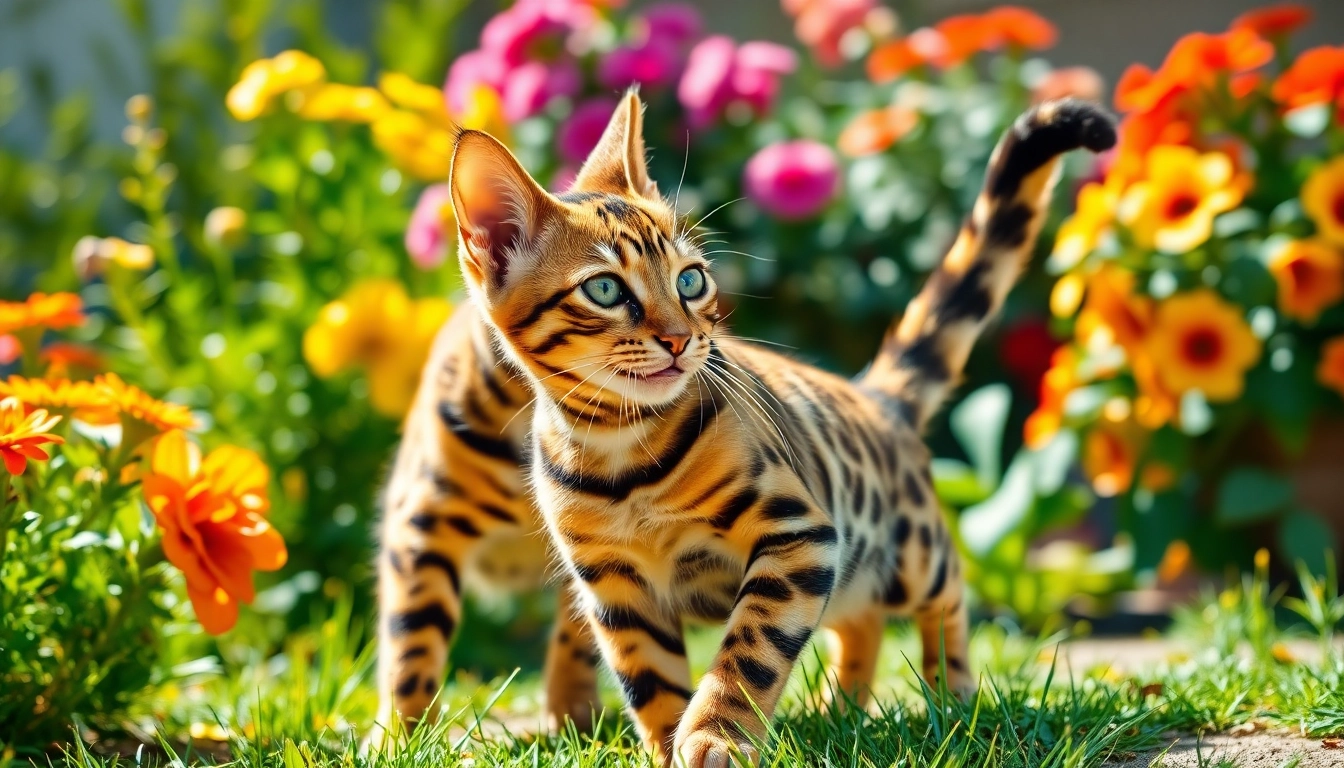 Bengal Breeders Orange County cats playing in a sunny garden with vibrant flowers.
