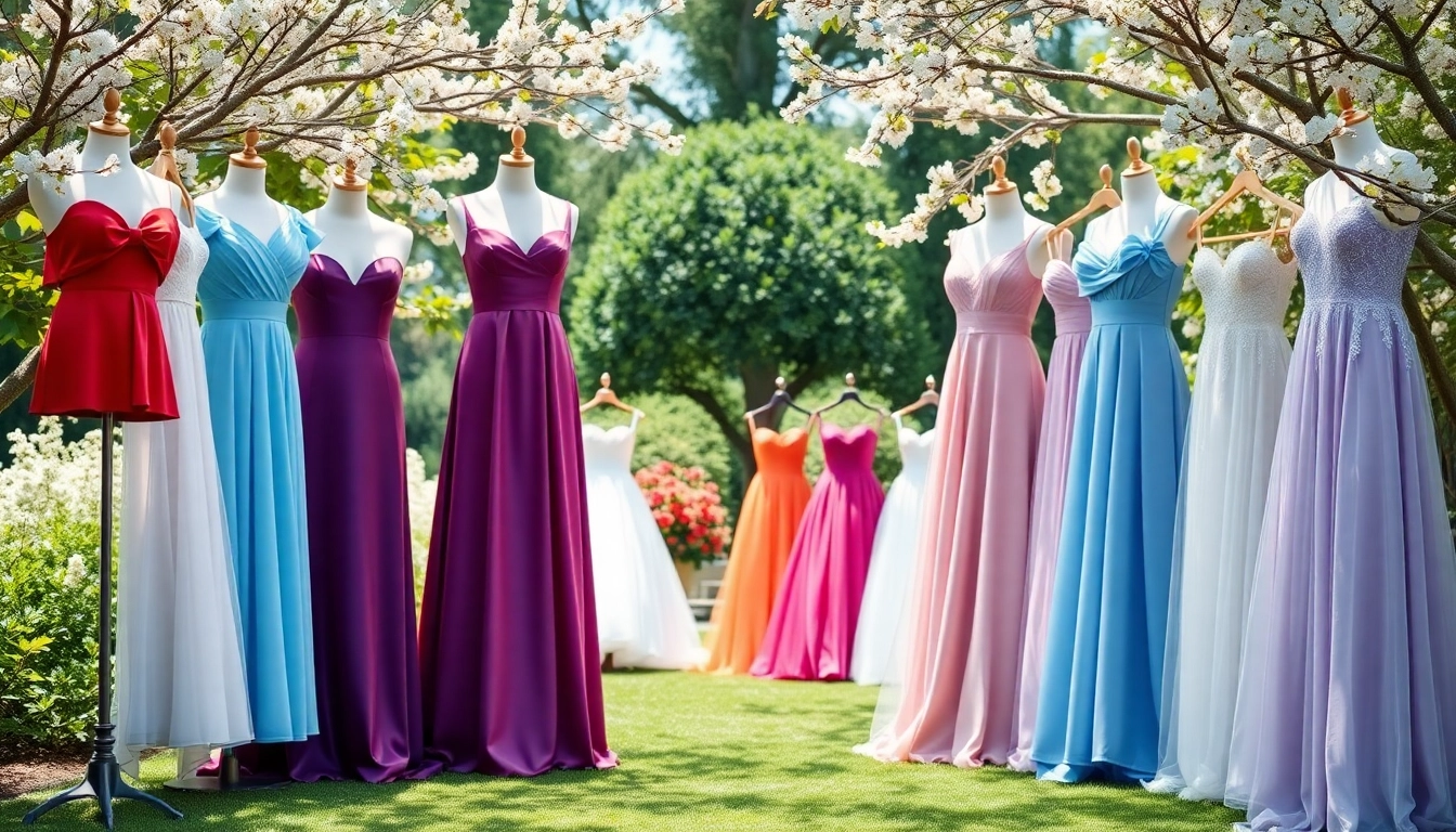 Showcase of coloured wedding dresses in a beautiful garden setting emphasizing vibrant styles.