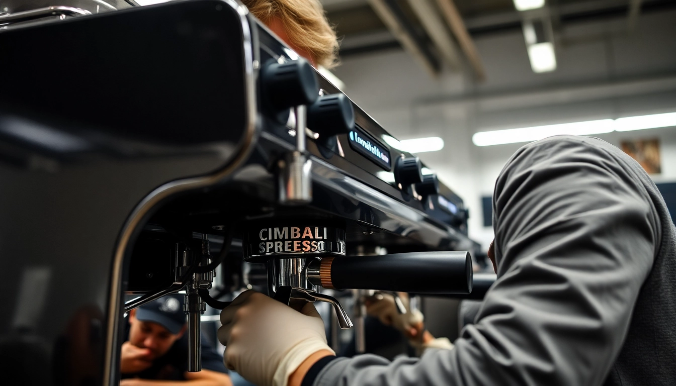 Cimbali service technique: Technician expertly repairs an espresso machine for optimal performance.