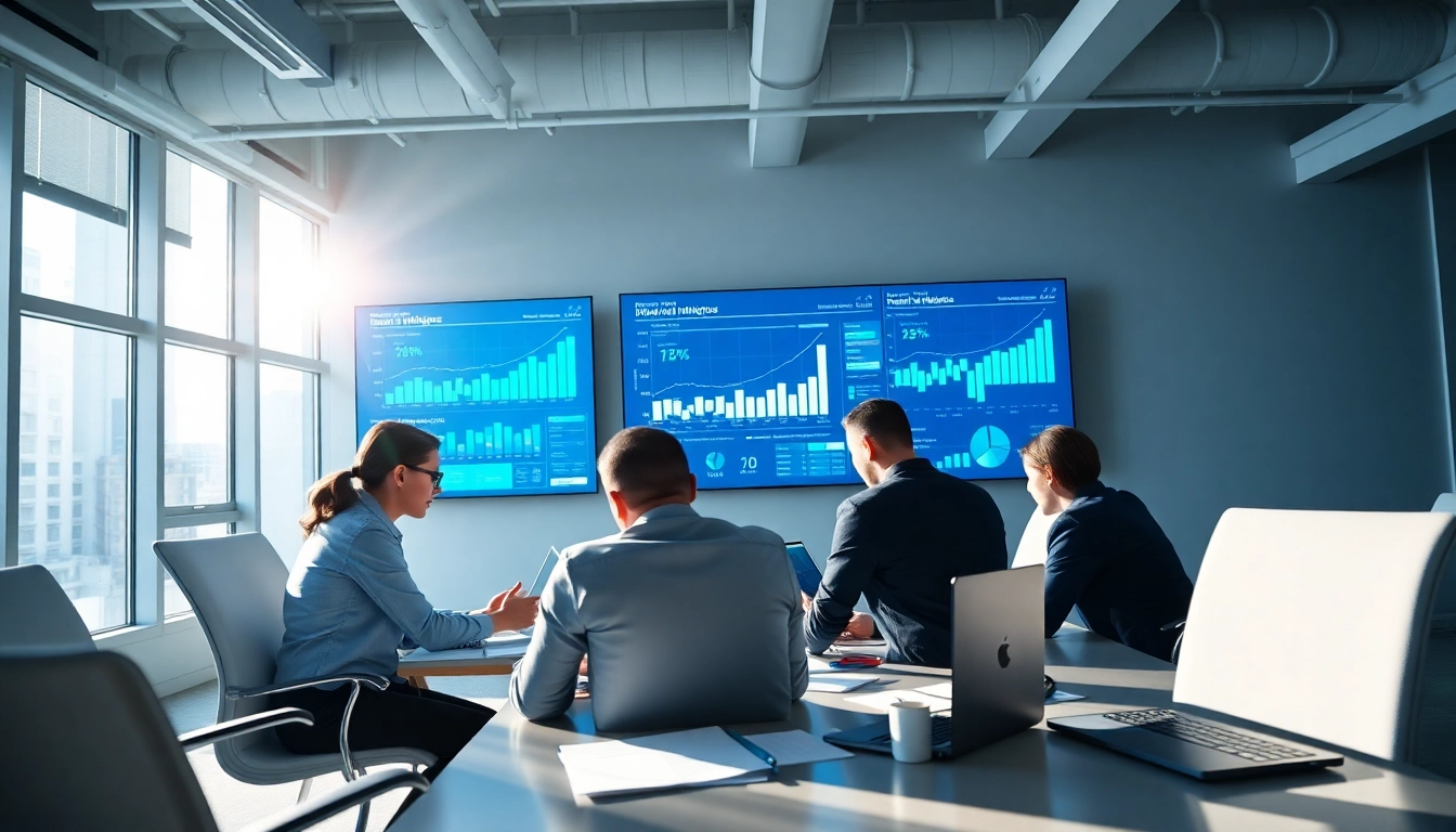 Analyze competitive intelligence data with professionals in a high-tech workspace.