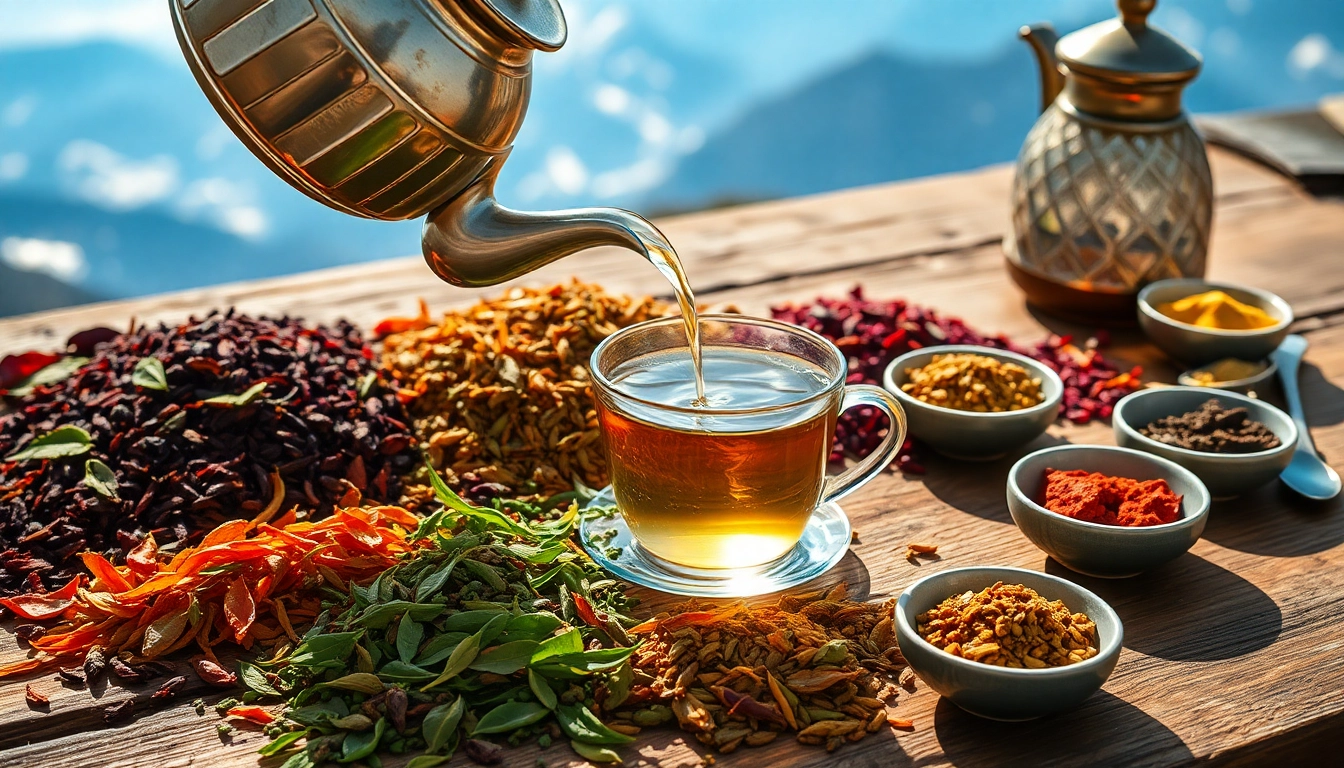 Brewing the best teas from Nepal with colorful loose leaves and Himalayan backdrop.