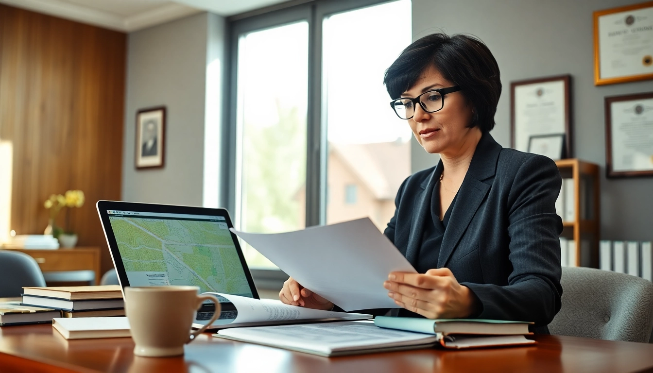 Consult an experienced eminent domain lawyer reviewing important property documents in her office.