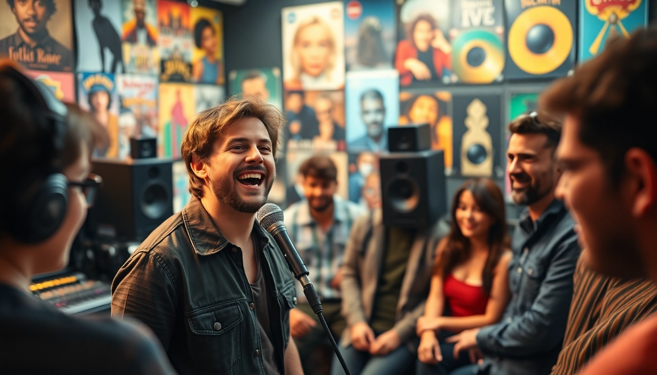 Engage in music pitching during a vibrant studio session showcasing creativity and collaboration.