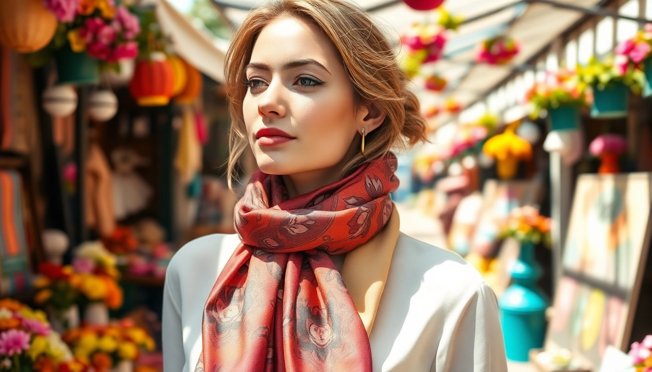 Fashionable woman showcasing silk scarves for women in a vibrant market setting.