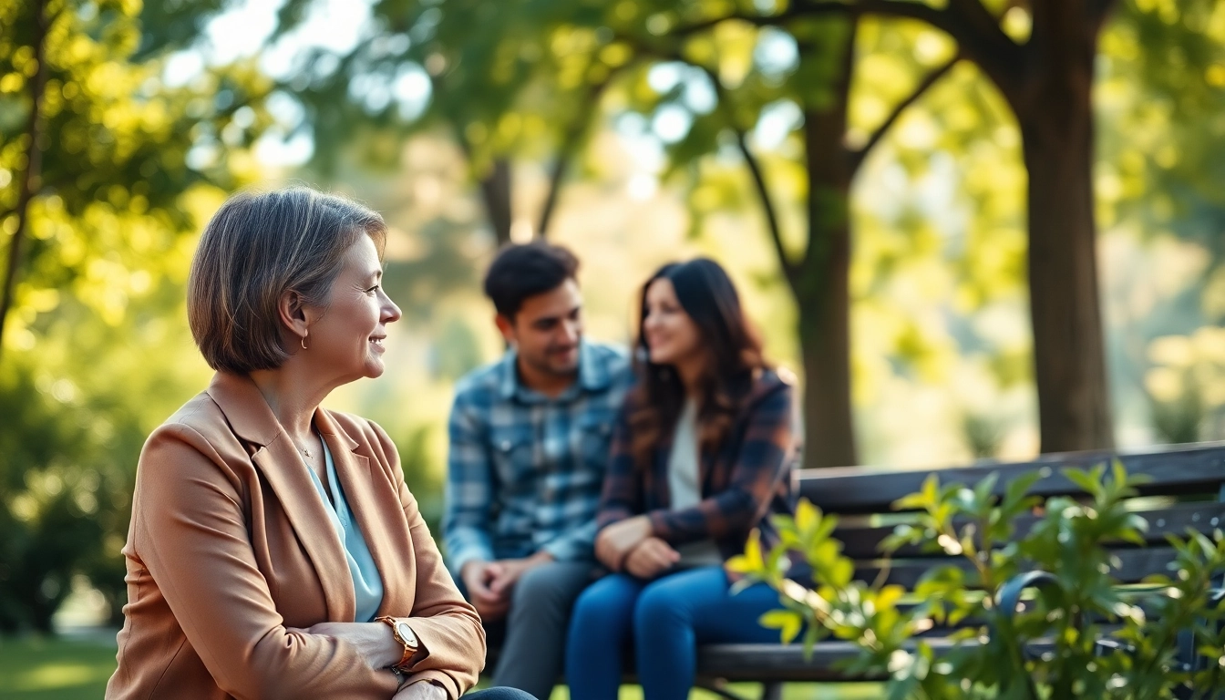 Empowering relationship coach assisting a couple in a peaceful outdoor setting.