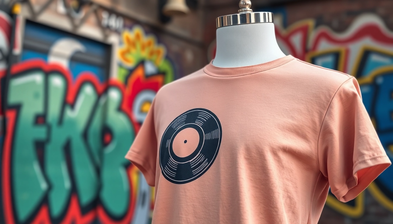 Shop a trendy turntable shirt with a vibrant vintage vinyl graphic design displayed creatively.