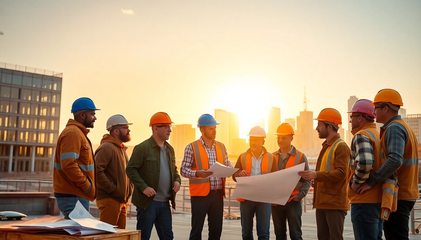 Southern California Contractors Association team collaborating on construction project with blueprints.