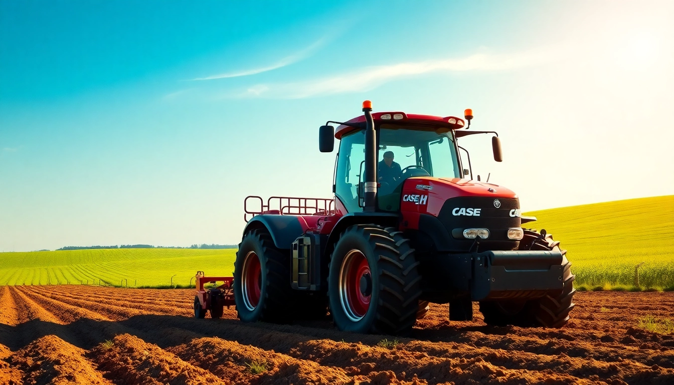 Case-ih Traktor in Aktion auf einem sonnigen Bauernhof, umgeben von saftigem Grün.