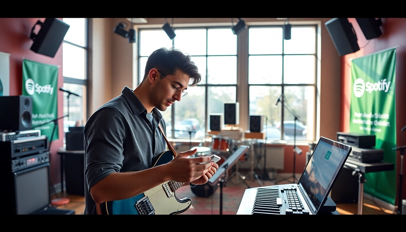 Engaging in spotify promotion, a professional musician showcases creativity in a vibrant studio.